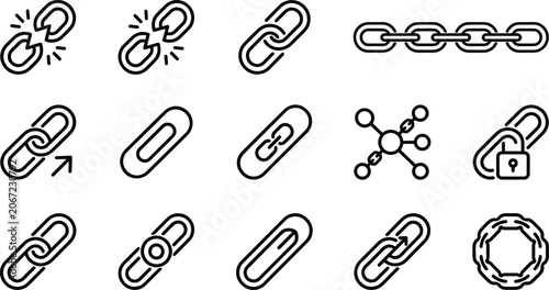 Fotografie Hyperlink and Chain Link Icon Set with Broken Link Padlock Metal Chain Network N
