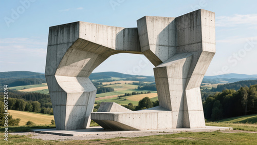 Abstract cement sculpture overlooking a green valley