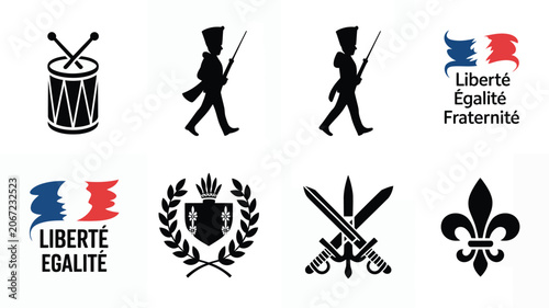 Bild auf Leinwand Collection of black and white french symbols including drum, soldiers, and fleur de lis