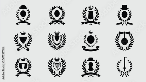 Foto Set of twelve black heraldic emblems with crowns and laurel wreaths in flat design style