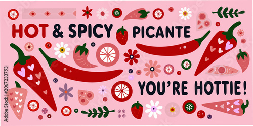 Bild auf Leinwand Chili Peppers And Floral Ornament Colorful Vector Illustration