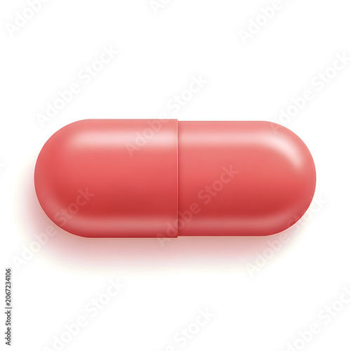A single capsule pill with a smooth pinkish-red outer shell