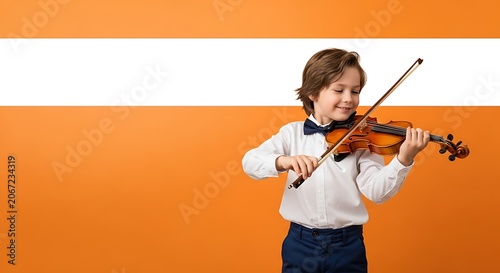 Young boy playing violin with intense expression.