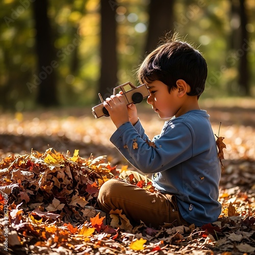 Young boy playing with autumn leaves outdoors.