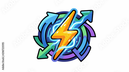 A colorful graphic of a yellow lightning bolt surrounded by blue, green, and purple arrows