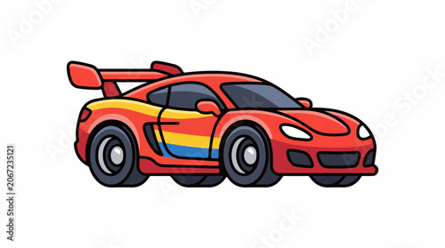 A cartoon-style illustration of a red sports car with yellow and blue stripes