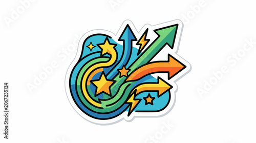 Colorful sticker with swirling arrows and stars