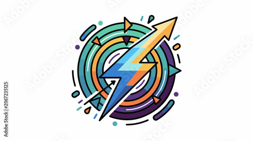 A colorful graphic illustration of a lightning bolt with a yellow arrow on a circular background