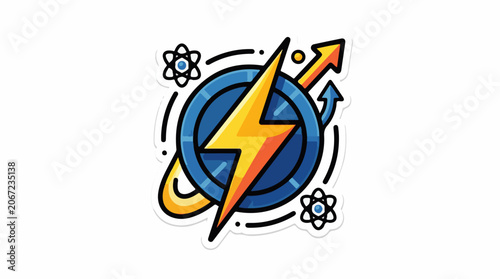 A cartoon-style graphic of a blue circle with a yellow lightning bolt, surrounded by atoms and arrows