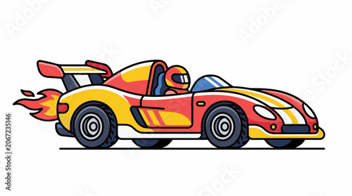 A cartoon-style illustration of a red and yellow sports car with flames