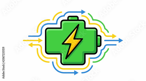 A green battery with a yellow lightning bolt and colorful arrows