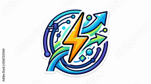 A stylized orange lightning bolt surrounded by blue, green, and purple curved lines