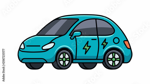 A cartoon teal electric car with green lightning bolts on the side