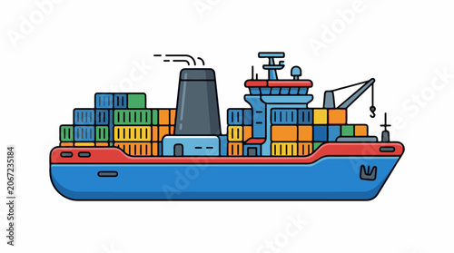 A large blue cargo ship with red trim and a tall smokestack on a white background