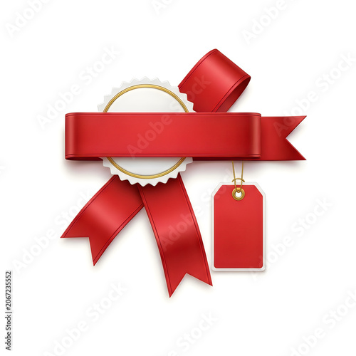 Elegant red gift ribbon with decorative bow and tag for holiday presents