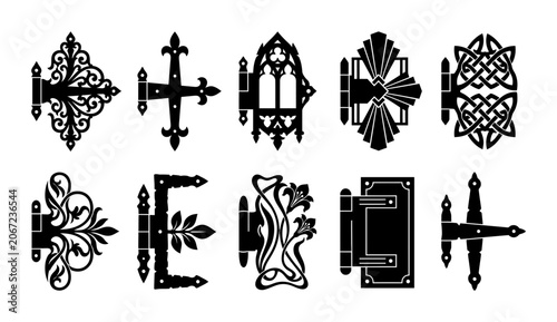 Collection of Decorative Architectural Hardware Hinges Featuring Ornate and Artistic Designs Ideal for Vintage Style and Custom Furniture Restoration Projects