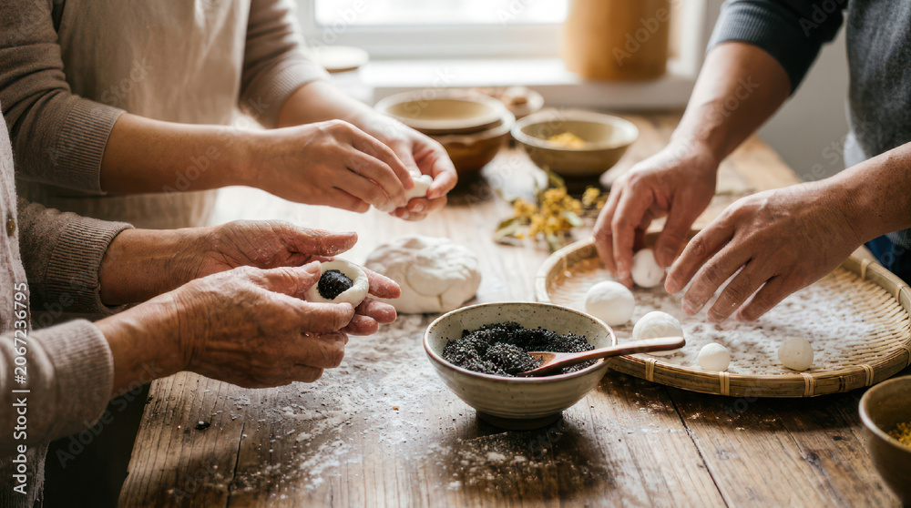 Fototapeta premium Family members hands preparing dough for baking together in kitchen.
