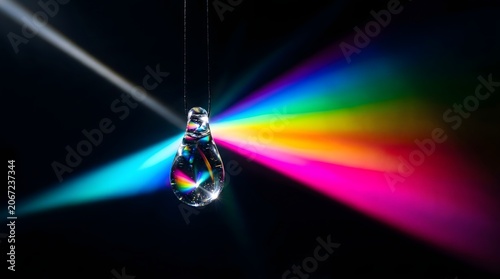 Glass Teardrop Pendant Refracting White Light into a Vibrant Rainbow Spectrum against a Dark Background - Physics of Optics and Dispersion Concept