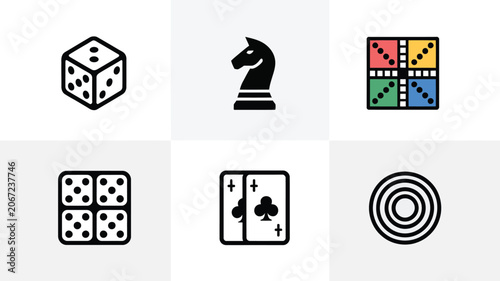 Gaming Icons Pack with Dice Chess Knight Dominoes Cards and Bullseye Vector