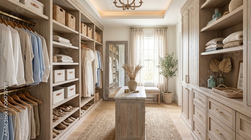 Luxurious Modern Walk-in Closet Interior with Built-in Wooden Shelving and Organized Wardrobe Design