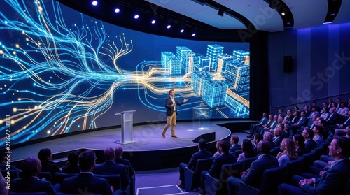 Businessman Presenting Digital Smart City Technology on Stage