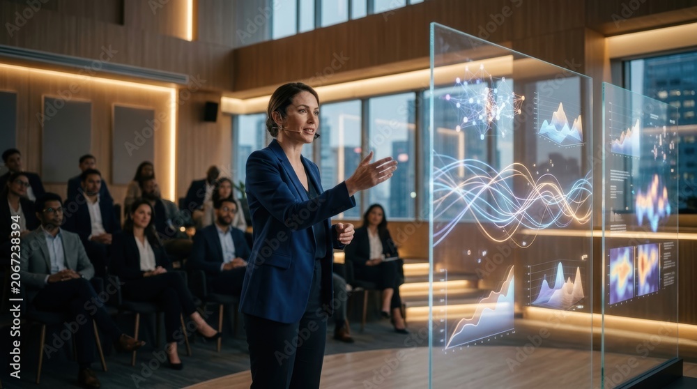 Fototapeta premium Businesswoman Presenting Data Analytics on Transparent Glass Screen