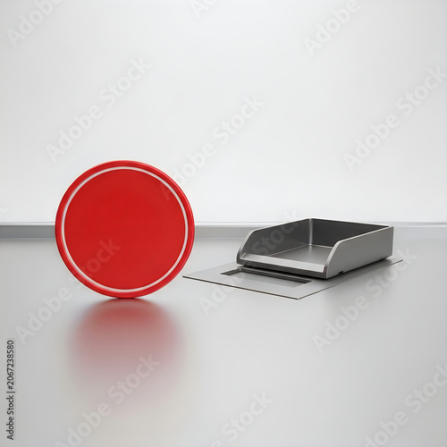A red circular object next to an old-fashioned printer on a reflective surface