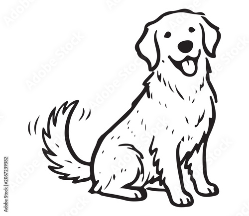 A black and white illustration of a happy golden retriever dog sitting