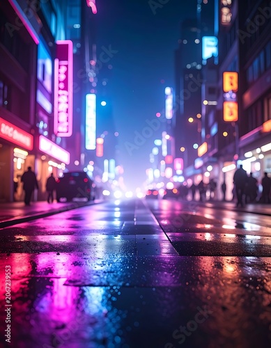 City street at night with neon lights.