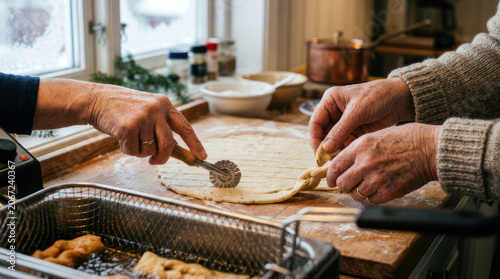 Two people making pizza together in a home kitchen.