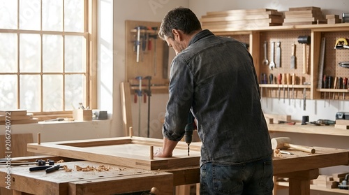 A man working on a woodworking project in a well lit workshop