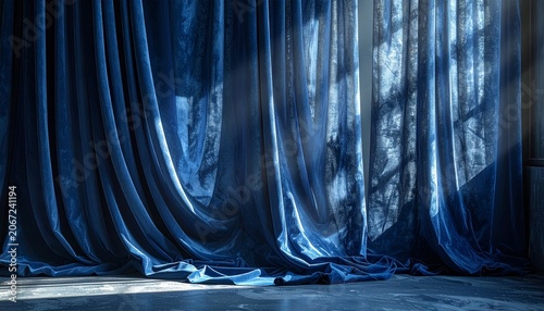 Luxury Navy Blue Curtains with Elegant Fabric Folds Interior Background