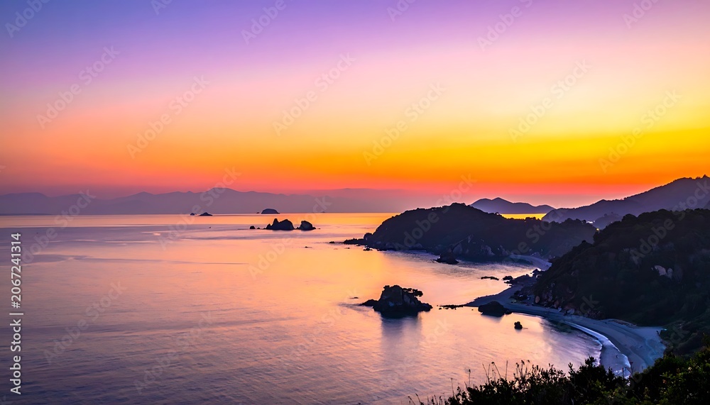 Naklejka premium Serene coastal landscape at sunset hour.