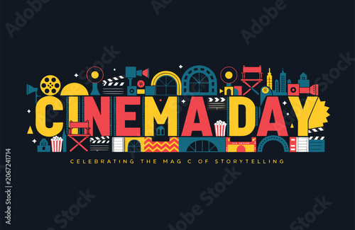 Cuadro en lienzo Cinema day typography art featuring film production and movie icons typography p