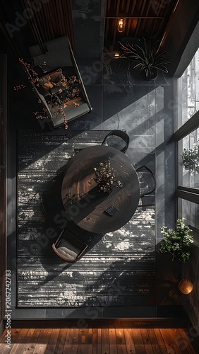 Dark wine bar interior with table.