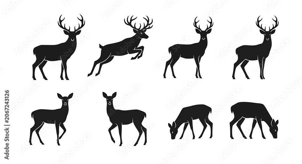 Obraz premium Deer silhouettes showcase various poses and movements in a landscape.