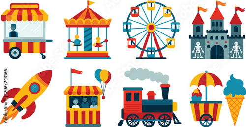 Canvastavla Amusement park icons collection vector set, carnival attractions entertainment r