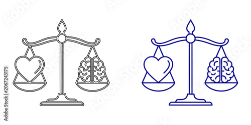 Fényképezés Minimalist Balance Scale with Heart and Brain Vector Line Art Icon Isolated on W