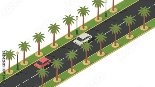 Quadro su tela Isometric palm tree boulevard vector illustration, urban roadway with vehicles t