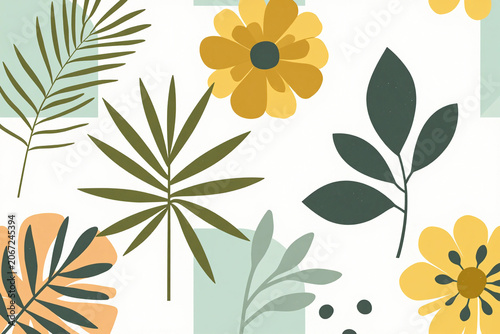 Spring floral geometric background.Abstract nature. Leaves and flowers.