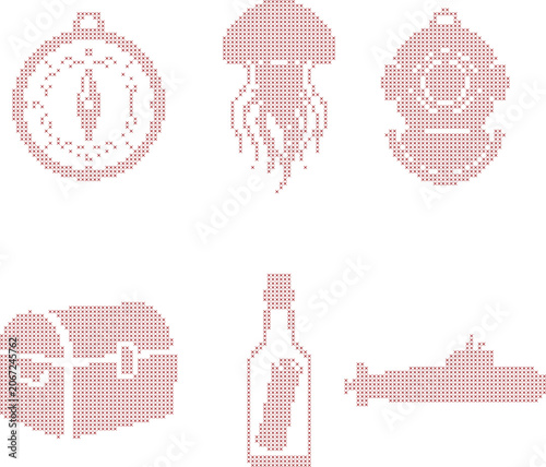 Nautical and sea exploration red cross stitch icons set 