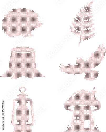 Set of forest elements red cross stitch embroidery patterns 