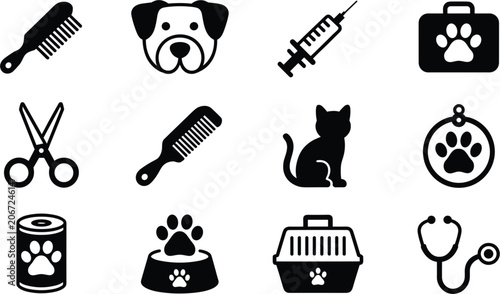 Tableau sur toile Pet care icons collection vector set, veterinary grooming and animal healthcare