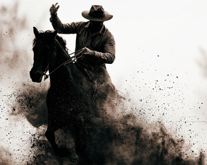 Dramatic Cowboy Riding Horse Through Dust Storm in Sepia Tone AI Generative
