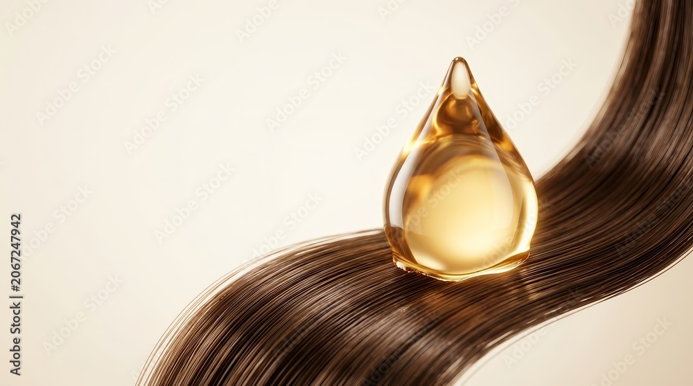 Fototapeta premium Shiny brown hair with a golden essential oil drop for cosmetic advertising.