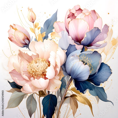 Close up of delicate pink and white peonies bouquet.