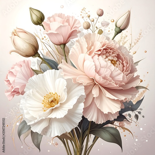 Close up of delicate pink and white roses bouquet.