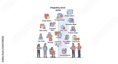 Integrated business management and workflow automation infographic with professional team.