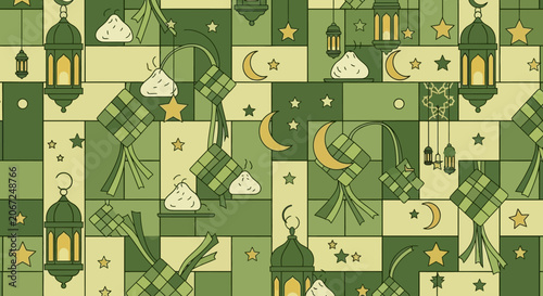 Islamic festive seamless pattern with lanterns and crescent moons.