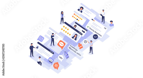 Isometric business communication and digital collaboration concept illustration.